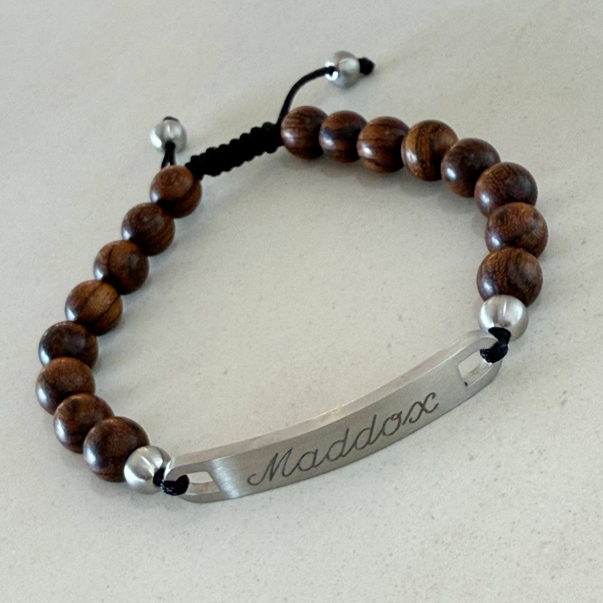 wooden bead bracelet with name engraved