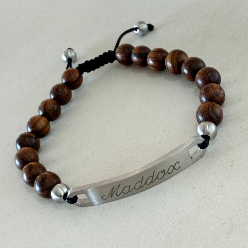 wooden bead bracelet with name engraved