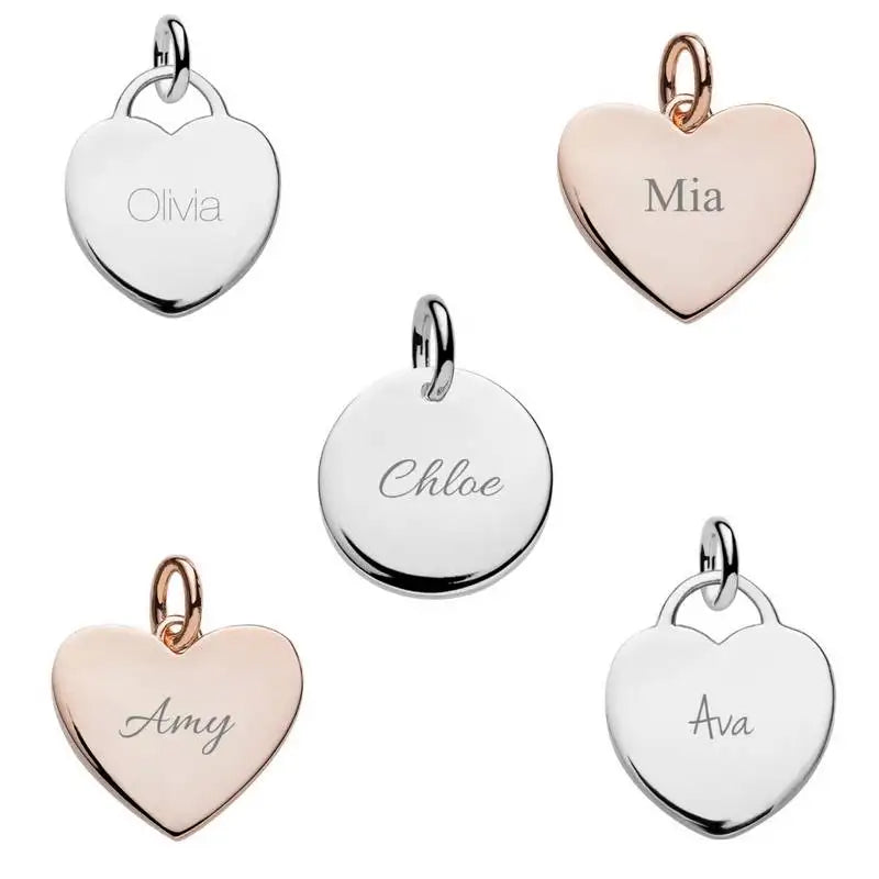 Set of heart-shaped name pendants in various colors on a white background