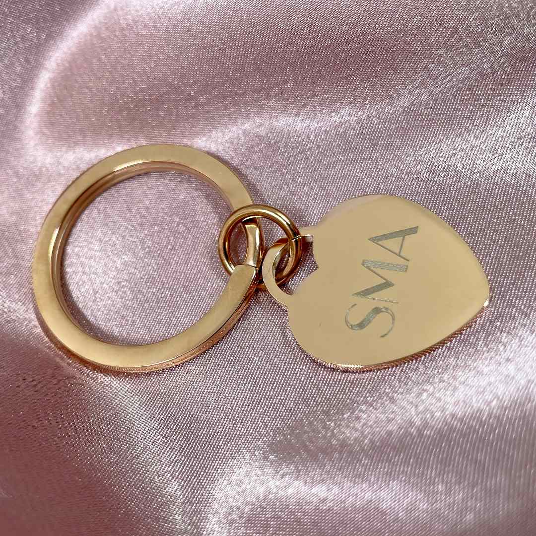 personalised rose gold heart key chain with SMA initials engraved