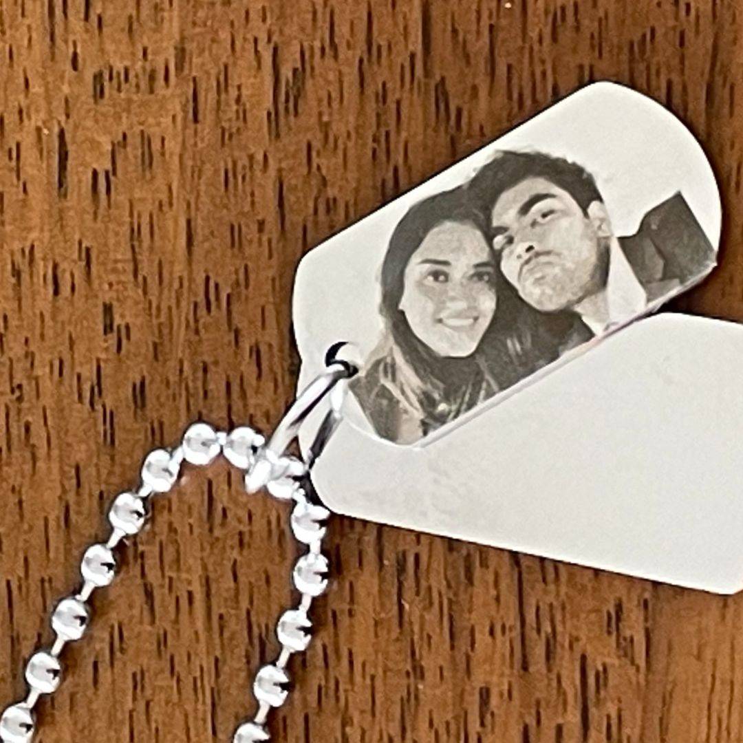 photo engraved on personalised steel double dog tag necklace