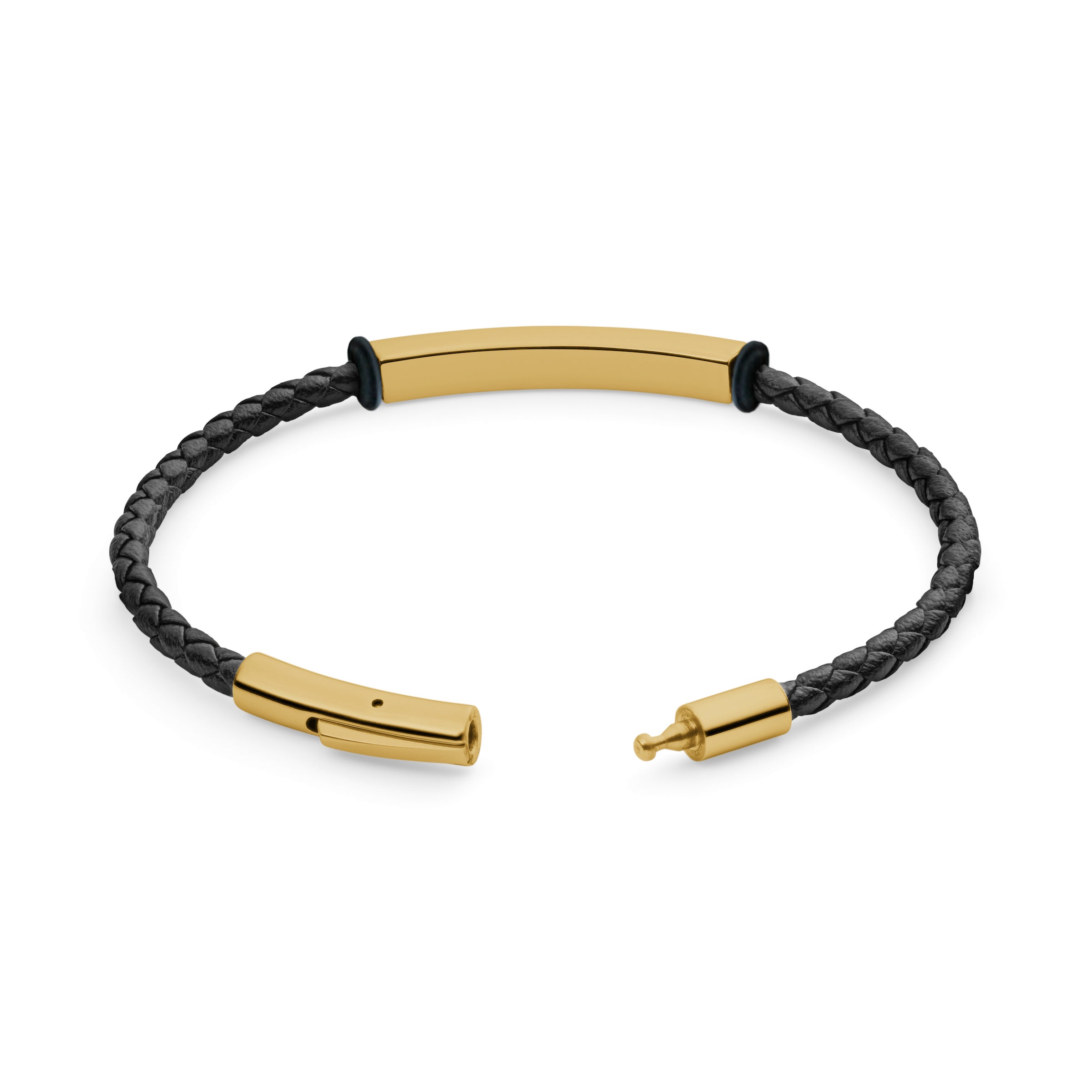 press and click clasp on woven leather bracelet with personalised  plate