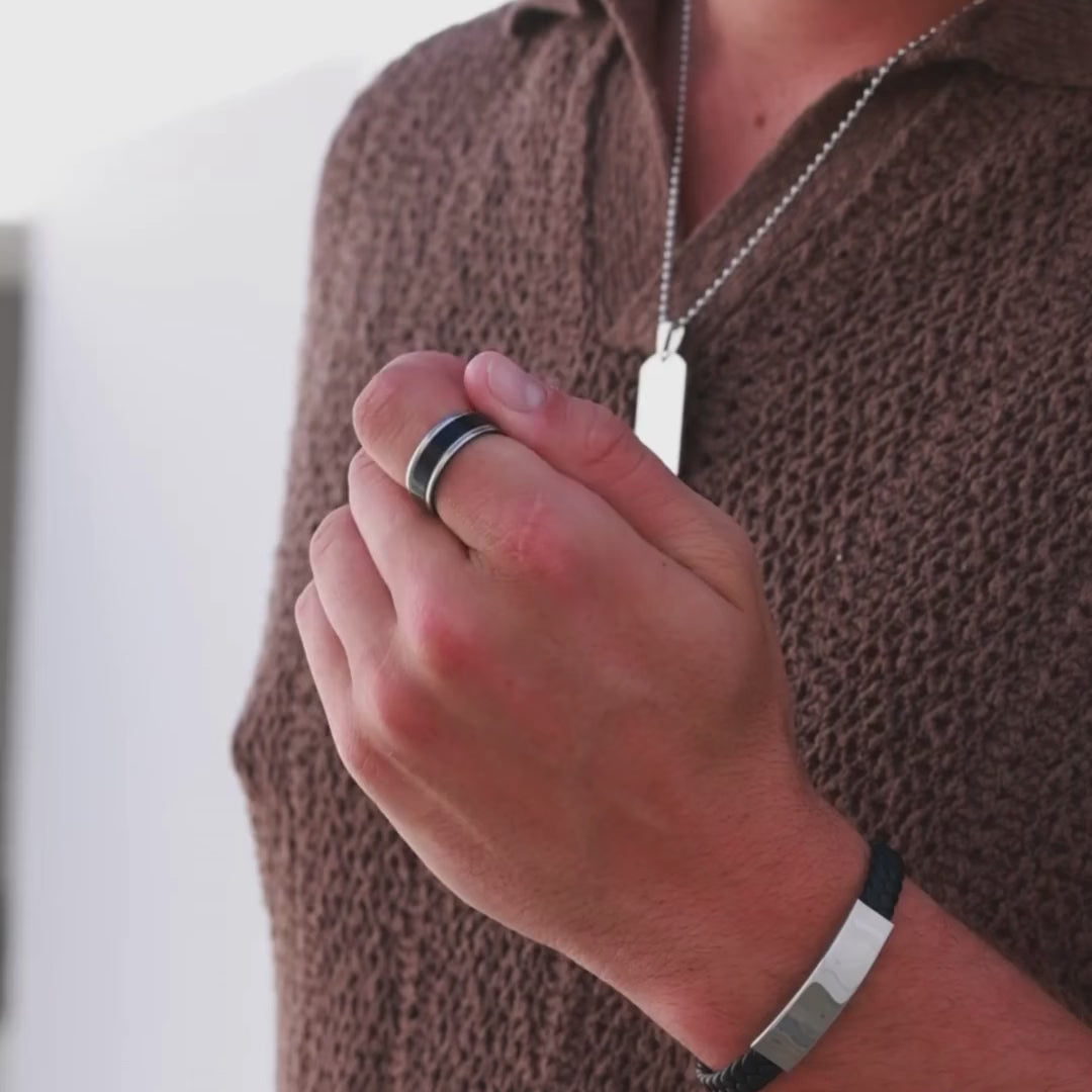 engrave these steel dog tag necklace, two tone ring or our mens id leather bracelet all popular personalised gifts for men