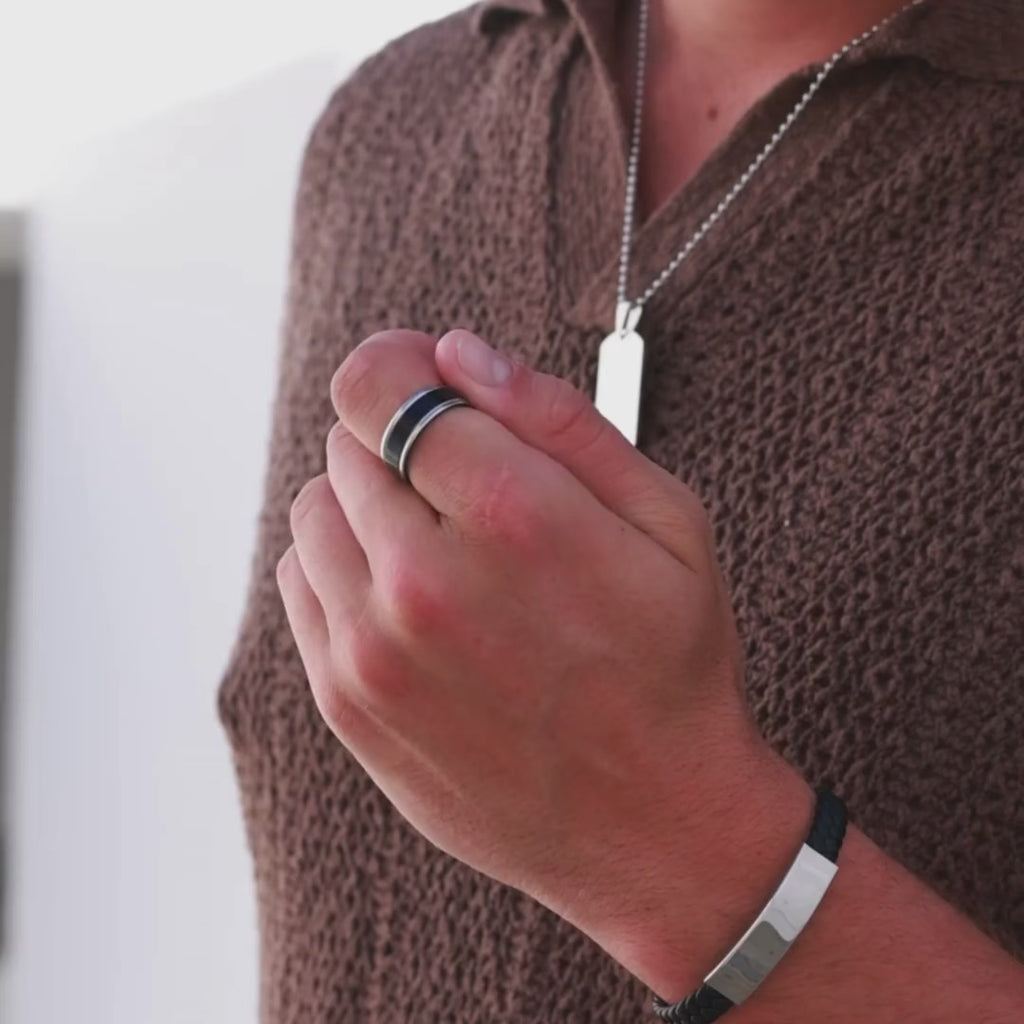 engrave these steel dog tag necklace, two tone ring or our mens id leather bracelet all popular personalised gifts for men