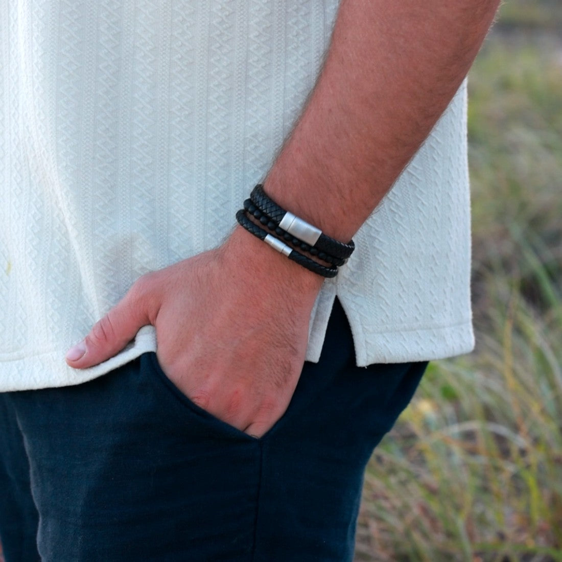 Men’s black leather bracelet stack with brushed silver clasp, three-piece set from The Silver Store