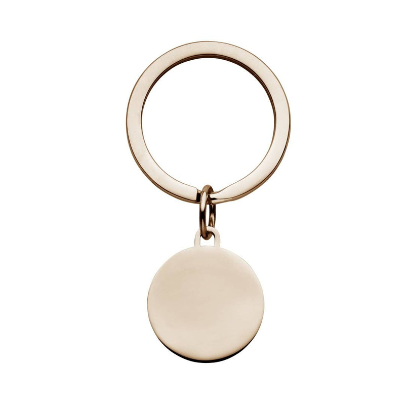 rose gold disc keyring made from stainless steel plated with rose gold.