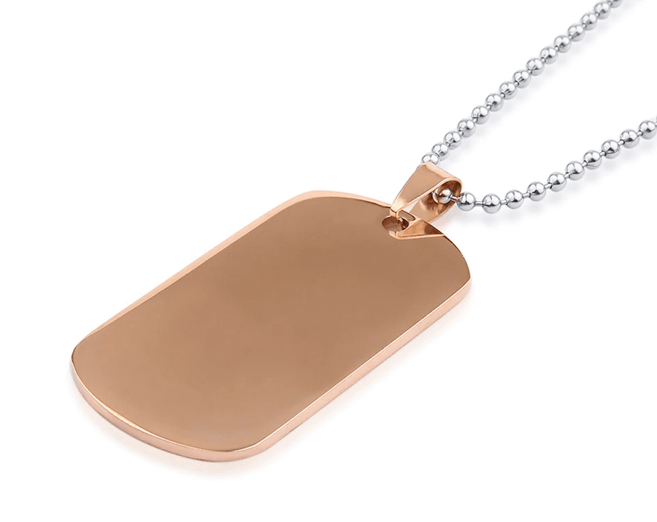 rose gold dog tag with silver ball chain