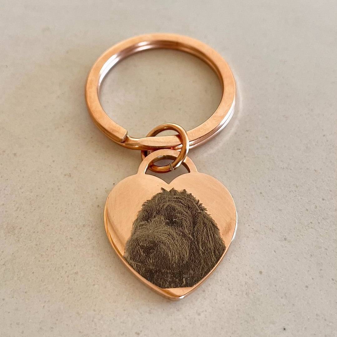 rose gold heart keyring with dog photo engraved