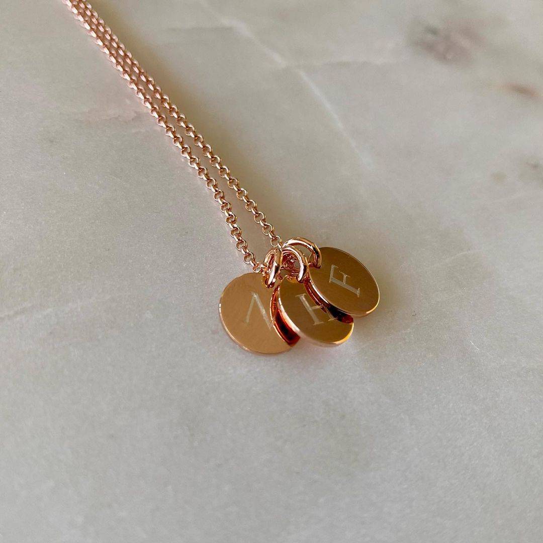 rose gold rolo chain with three mini disc pendant initials engraved