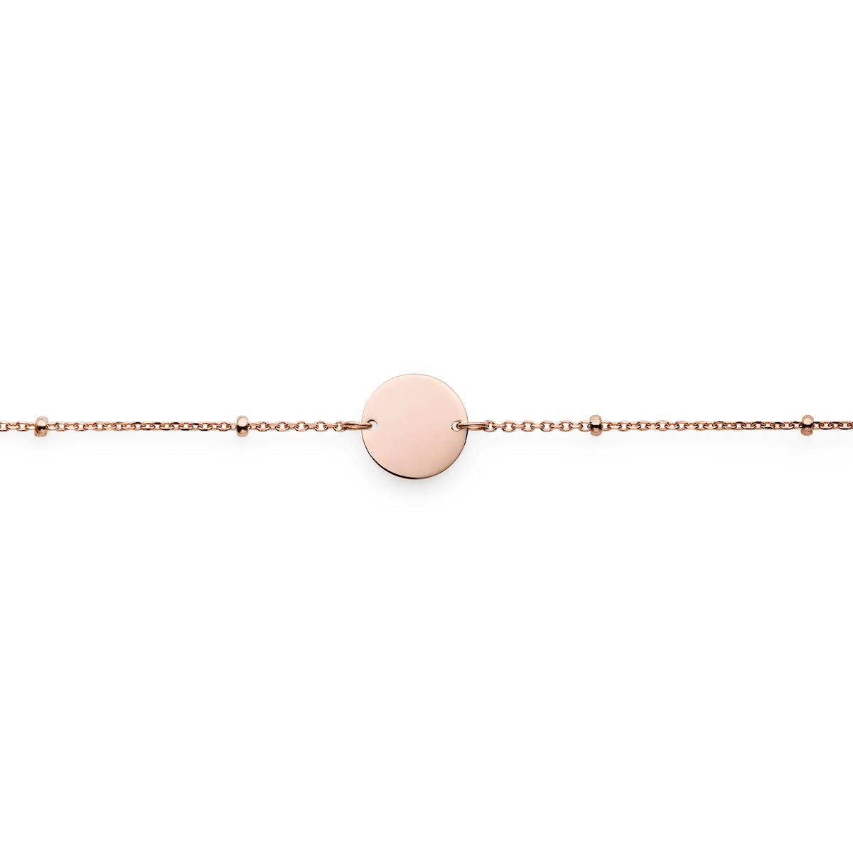 engraved rose gold suspended disc bracelet with satellite chain