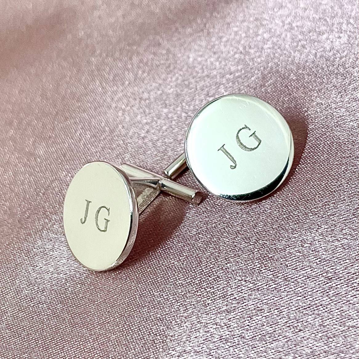 round t-back cufflinks engraved with initials