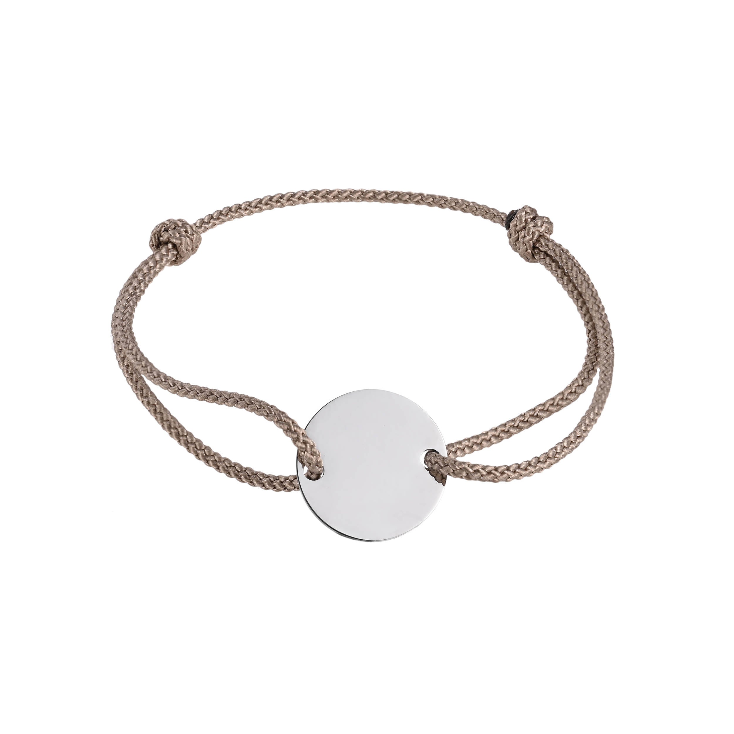 Bracelet with a round disc pendant on a beige cord against a white background