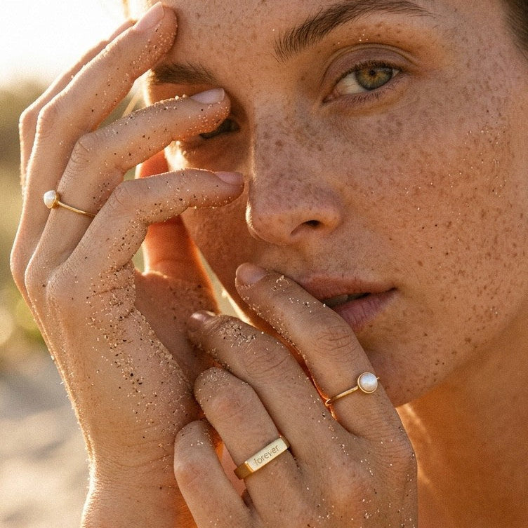 gold slim signet ring with forever engraved with pearl rings
