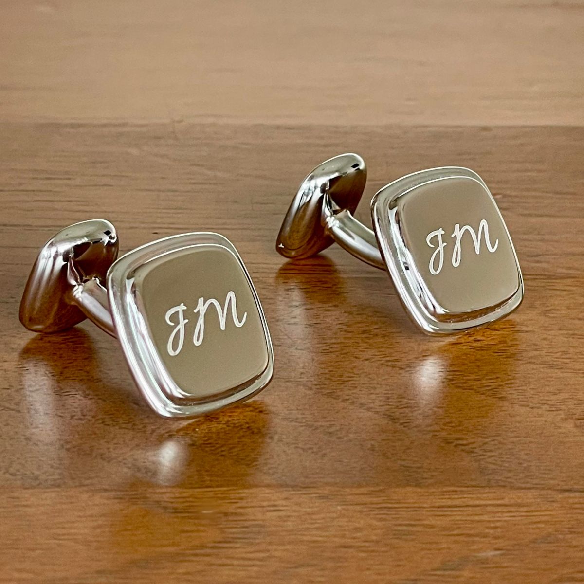 square sterling silver cufflinks engraved with initals JM