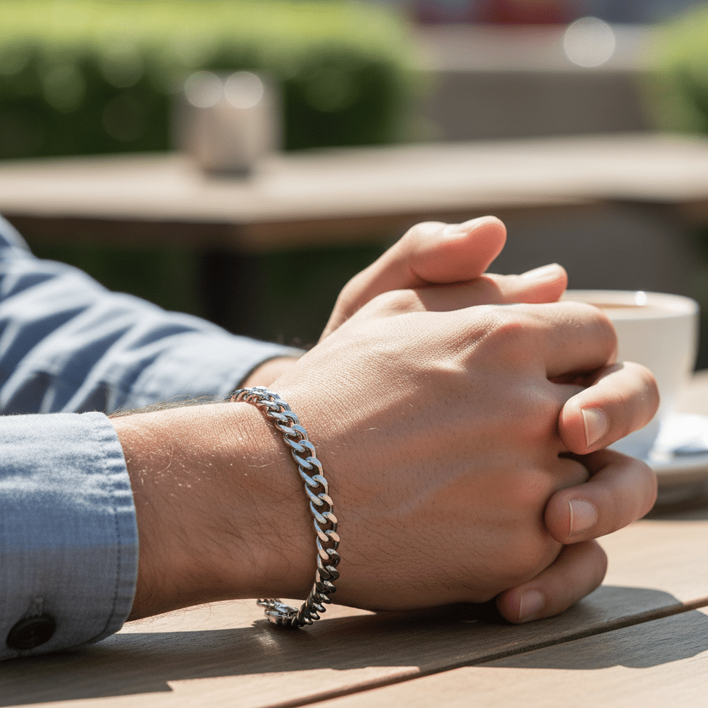 Man wearing Cudworth stainless steel curb-link bracelet in casual setting with blue shirt