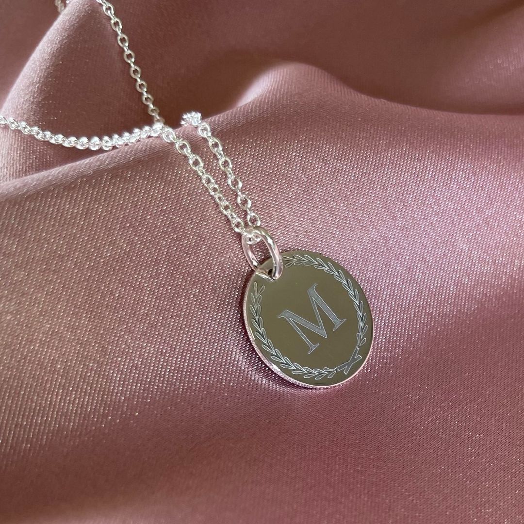 personalised disc necklace, initial engraving, coin design engraving, personalised letter necklace