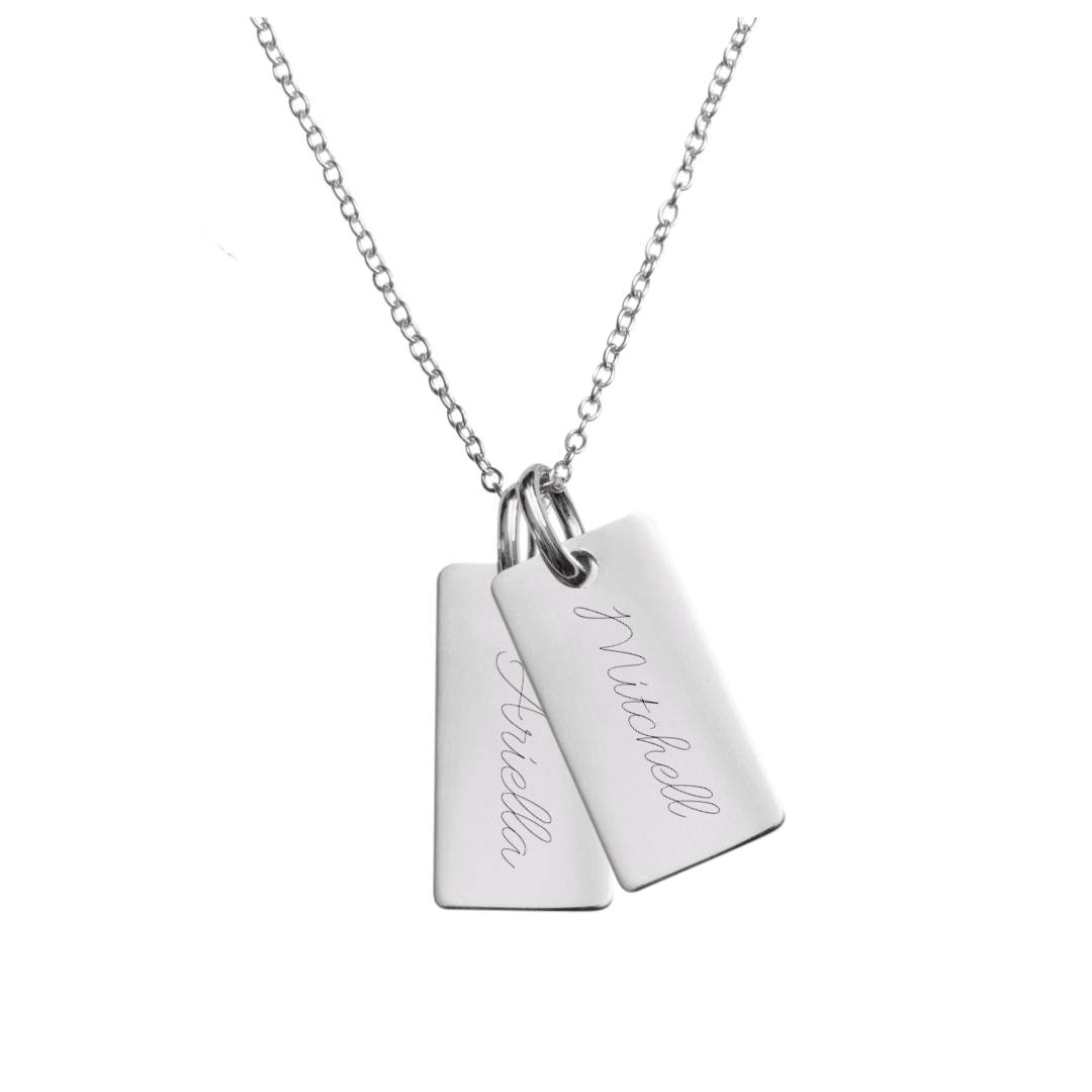 womens double mini tag necklace with names engraved