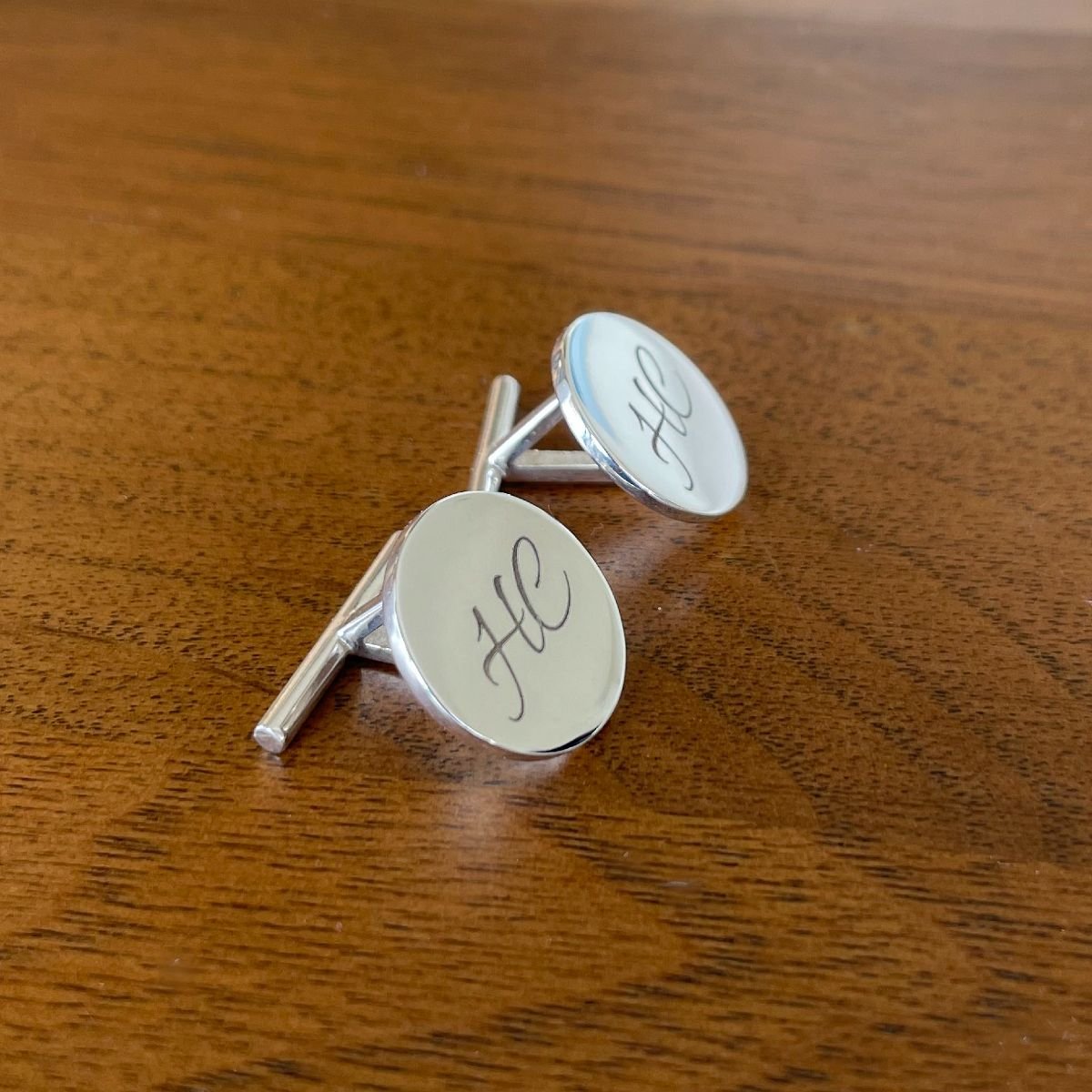 sterling silver round cufflinks with t back with initials HC engraved 