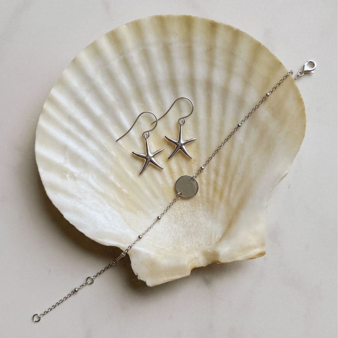sterling silver disc bracelet with star fish earrings