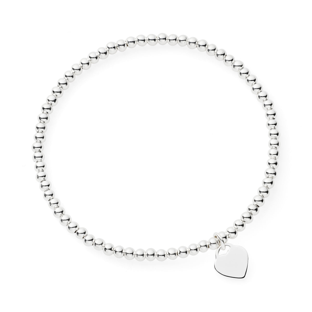A silver beaded stretch bracelet with a small, polished heart-shaped tag hanging from one bead, displayed on a clean white background.