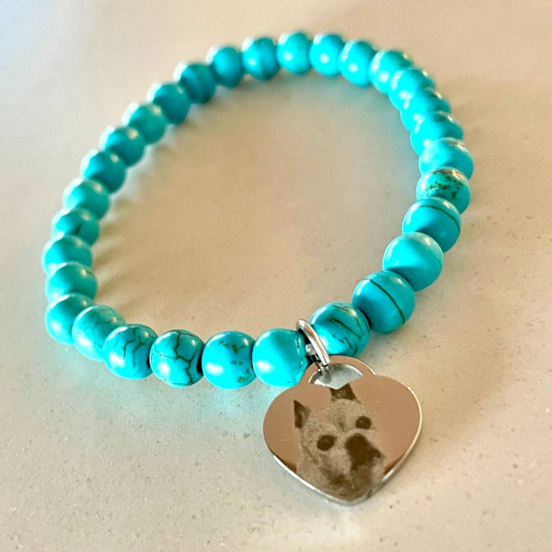 stretch turquoise bracelet with dog photo engraved