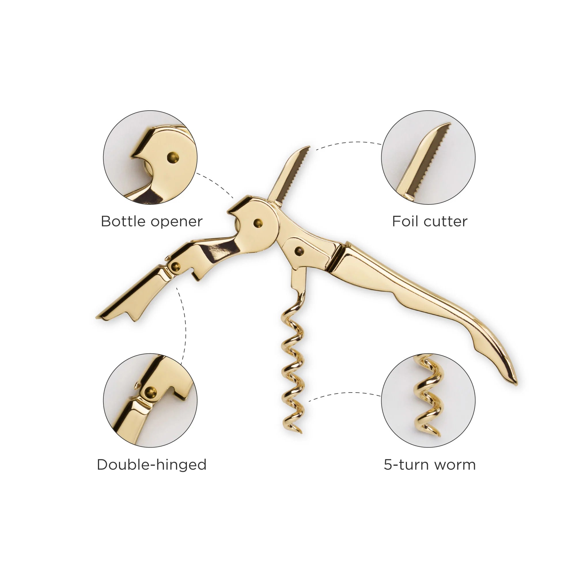 Use of Viski gold double-hinged corkscrew with foil cutter and bottle opener

