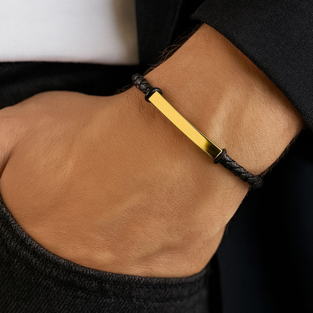 add engraving to the with woven leather and gold stee id bracelet