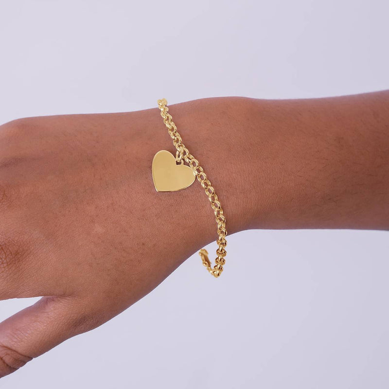 yellow gold belcher bracelet with heart pendant can be engraved at The Silver Store