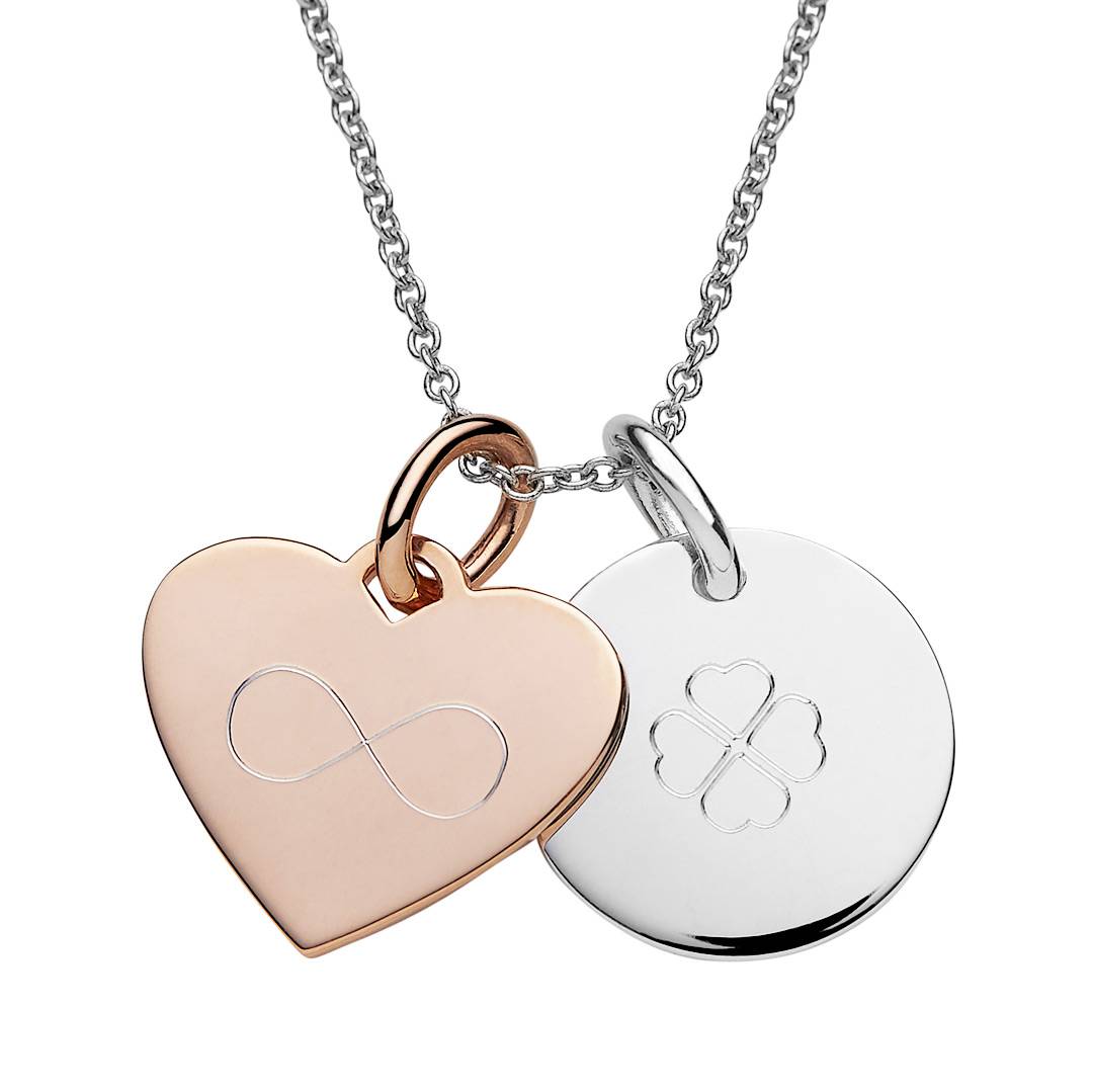 engraved silver disc pendant and rose gold heart pendant on the cable chain necklace