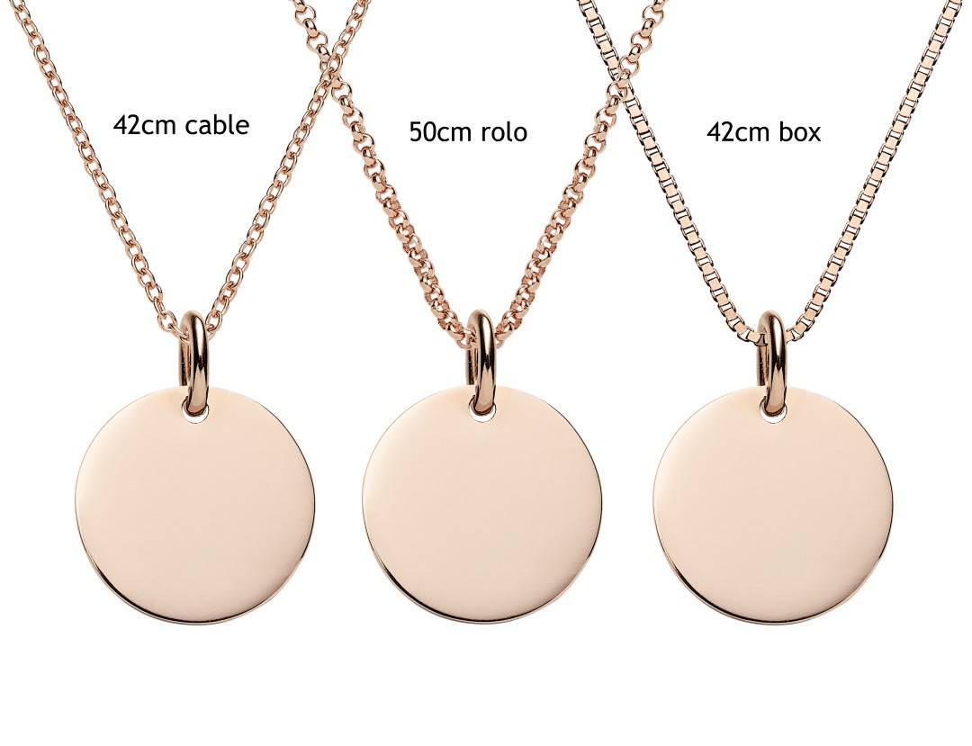 engraved rose gold discs on 3 different chains