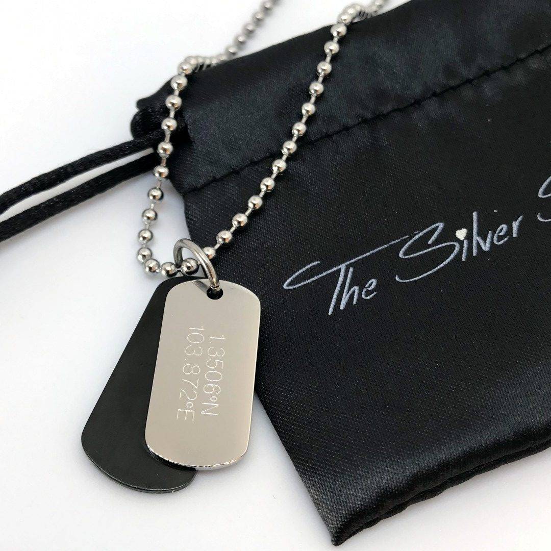 coordinates engraved on mens double dog tag necklace