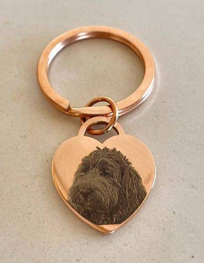 rose gold heart keyring with dog photo engraved
