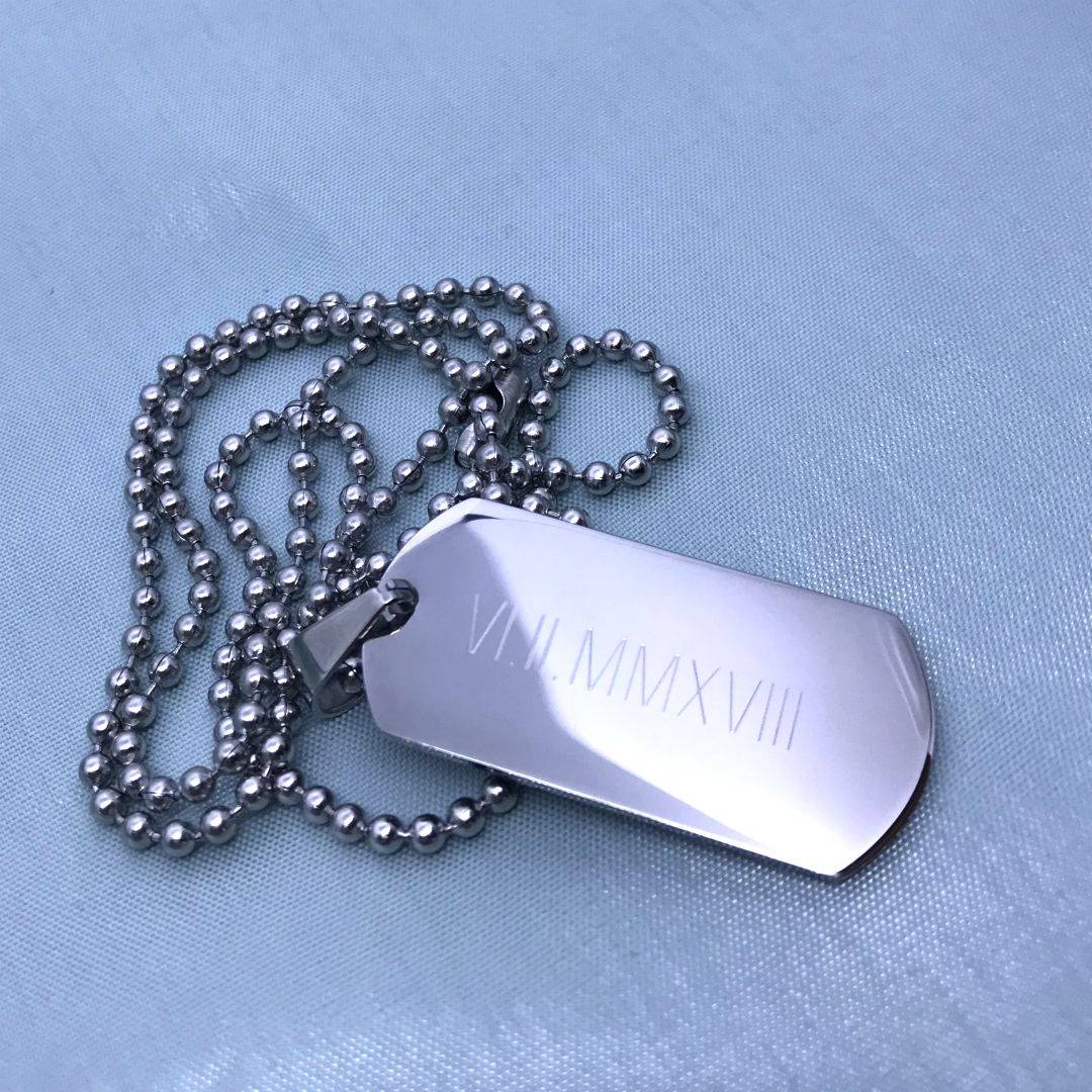 mens dog tag necklace engraved with roman numeral date
