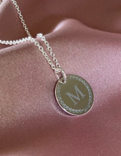 personalised disc necklace, initial engraving, coin design engraving, personalised letter necklace