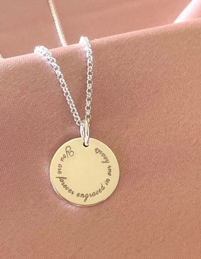 curved engraving, personalised disc necklace, cursive engraving, disc pendant, engraved disc pendant