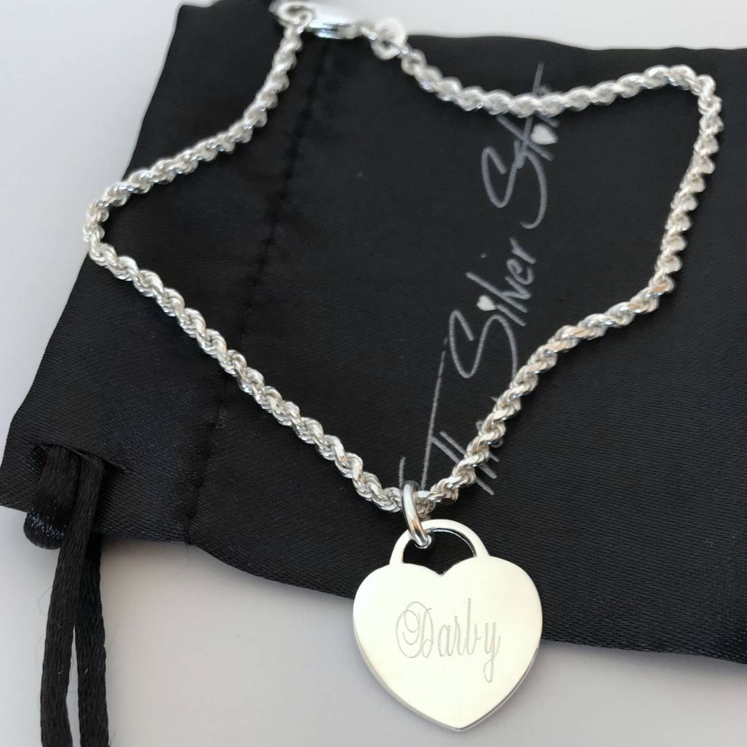 french rope bracelet with heart tag engraved with name