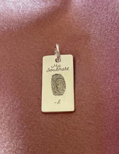 fingerprint and handwriting engraved on sterling silver bar pendant