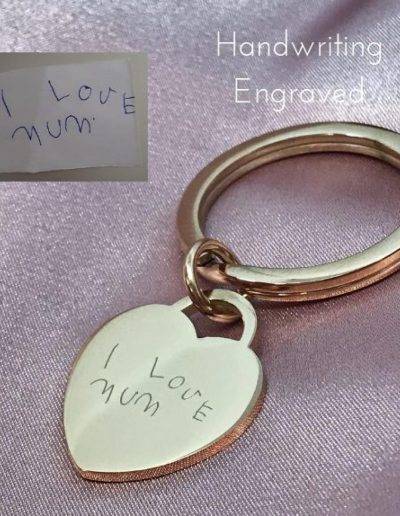 hand writing engraved on rose gold heart keyring
