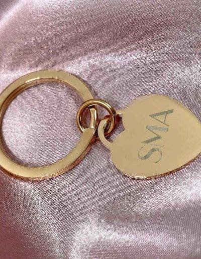 personalised rose gold heart key chain with SMA initials engraved