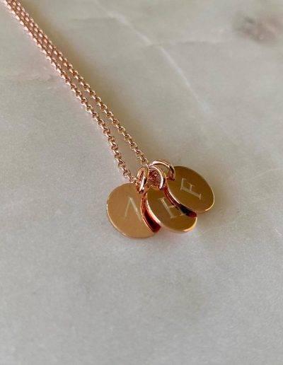 rose gold rolo chain with three mini disc pendant initials engraved