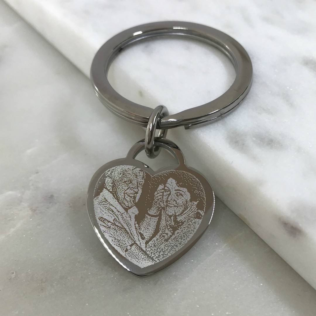 photo of couple engraved on heart keyring