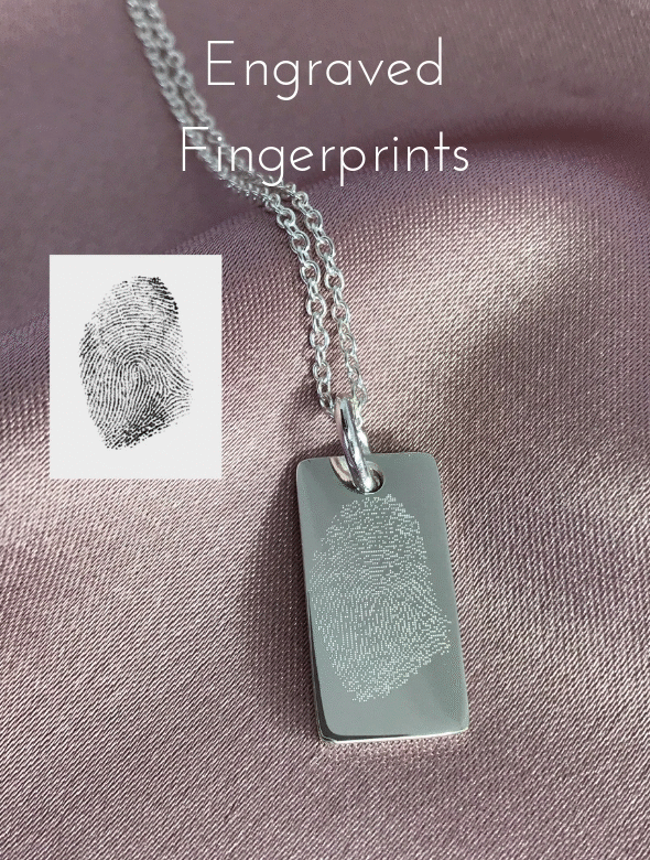 engraved photo and finger prints on necklaces and keyrings