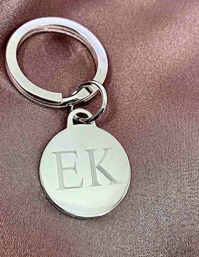 initials EK engraved on sterling silver keyring