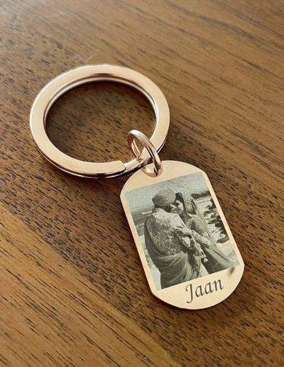 wedding photo engraved on rose gold dog tag keyring
