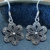 sterling silver marcasite flower earrings detail