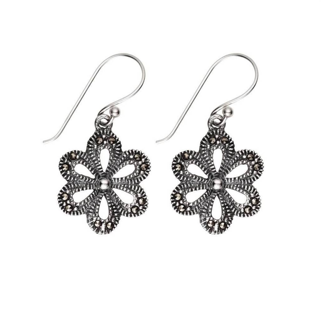vintage look sterling silver marcasite flower earrings