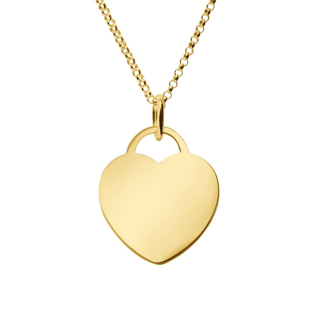 large yellow gold heart tag pendant with rolo chain