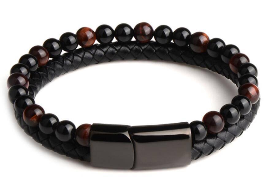 mens engraved leather and bead bracelet