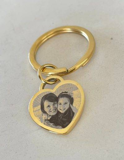 gold heart keyring engraved with photo of mother and daughter