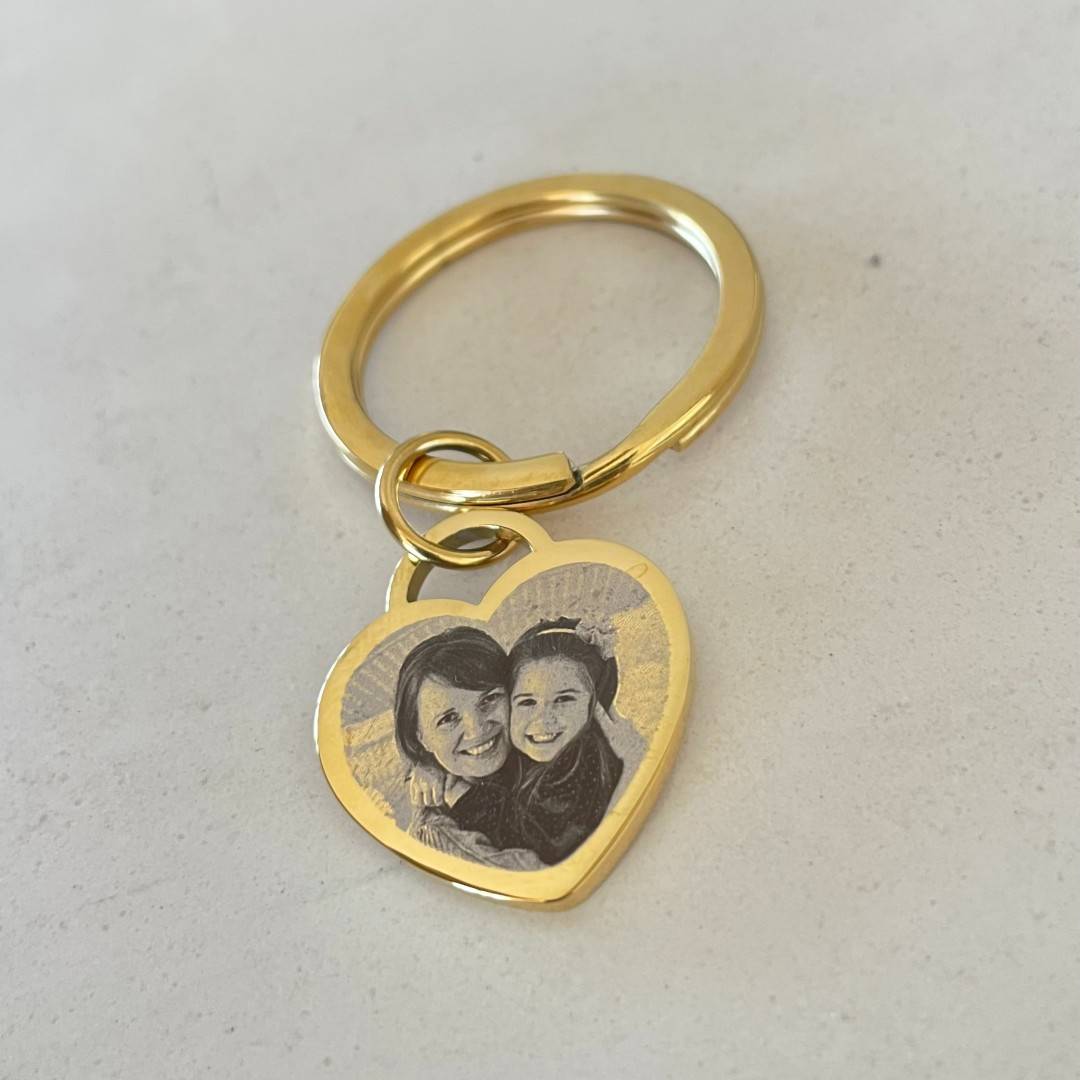 gold heart keyring engraved with photo of mother and daughter